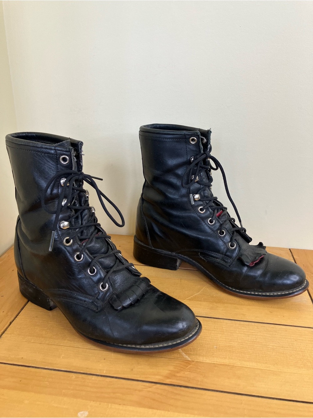 Vintage Leather Lace Up Kiltie Western Boots Black/Red Fringe Womens US 7.5